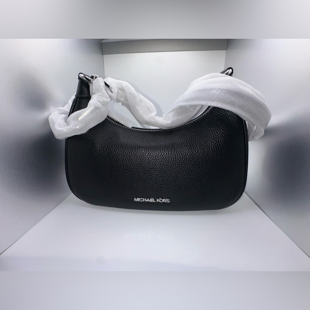 Michael Kors Cora Medium Pebbled Leather Shoulder Bag Black Silver